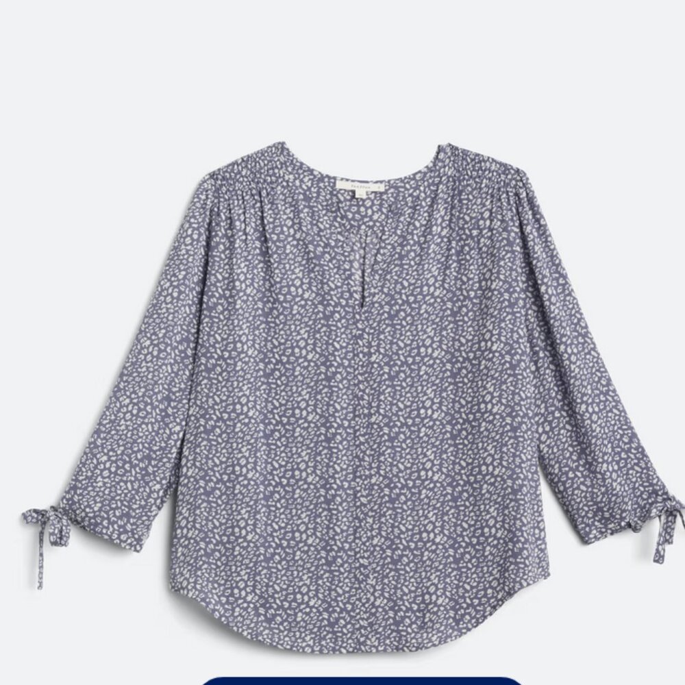 Blue and White Long Sleeve Tie Front Blouse